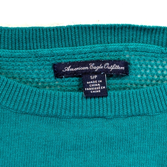 AEO Green Mesh Back Pullover Long Sleeve Cotton Sweater Vintage (NOT Teal) - Picture 3 of 11